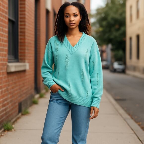 She+Sky Women Pullover Knit Green Distressed Sweater OSFM Boho Lagenlook Office - Picture 1 of 9